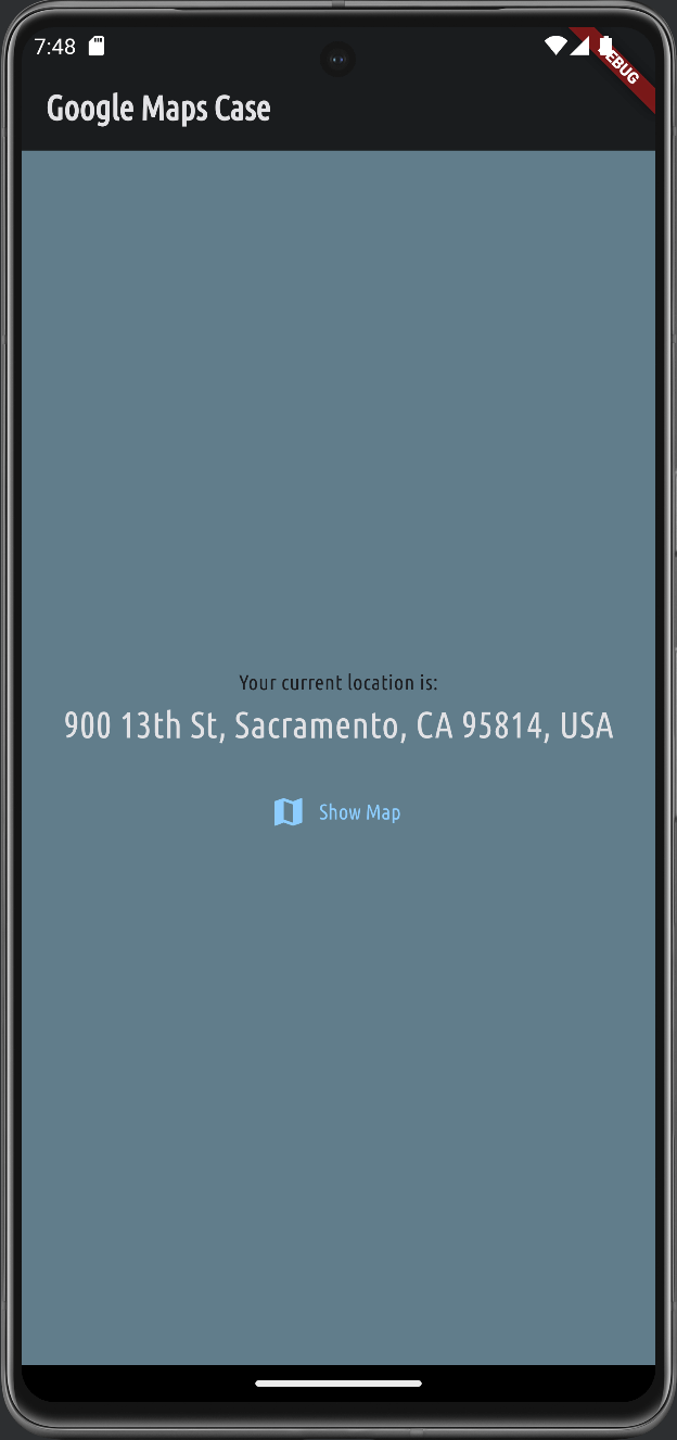 Home screen showing newly selected User's Location as an address